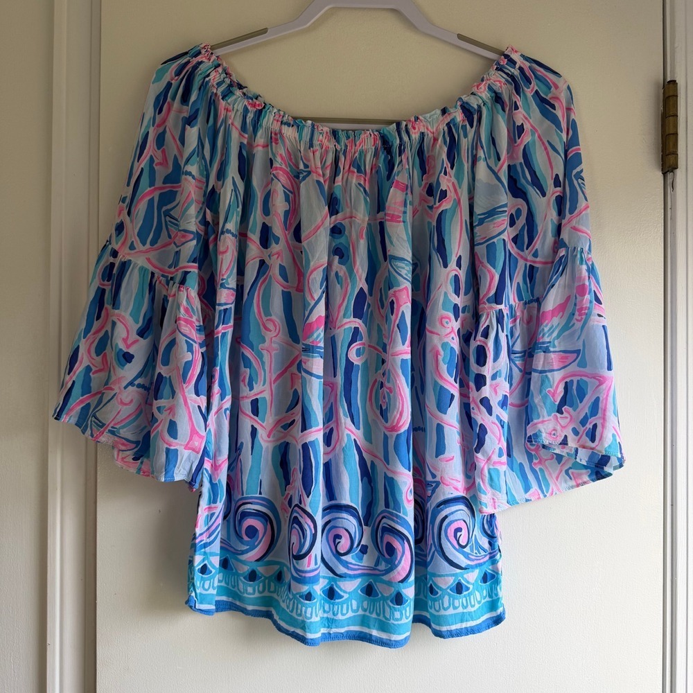 Lilly Pulitzer Womens Blue Pink Anchor Sailboat Off Shoulder Bell Sleeve Top S